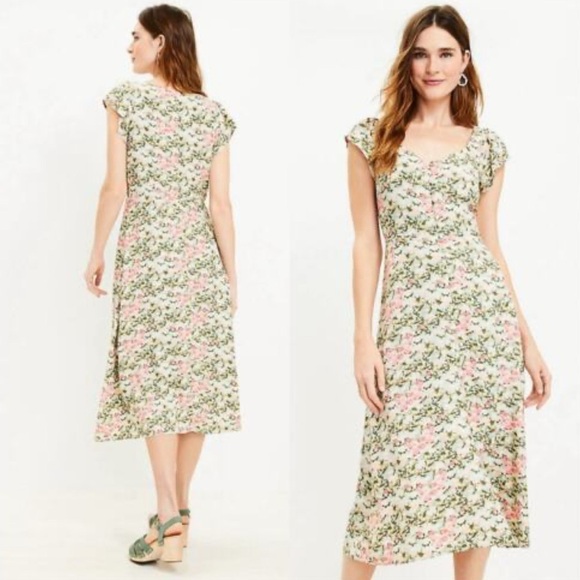 Loft Floral V-Neck Button Closure Midi Dress Short Sleeve 100% Rayon A line L - Picture 1 of 11